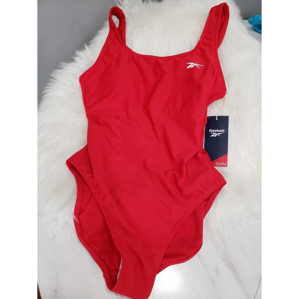 NEW SMALL Reebok Womens Scoop Neck Athletic One Piece Swimsuit Solid Red